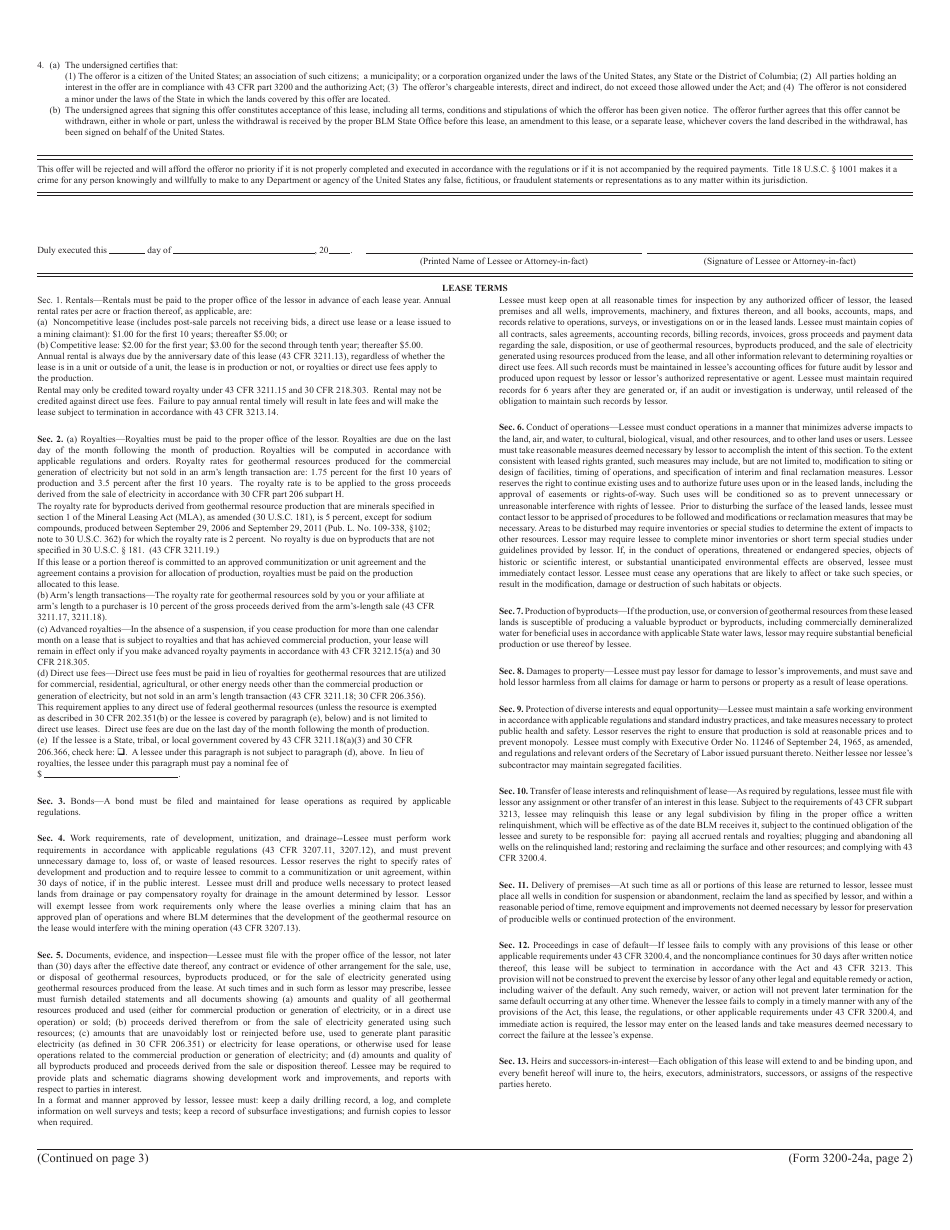 Form 3200-24A Offer to Lease and Lease for Geothermal Resources, Page 2