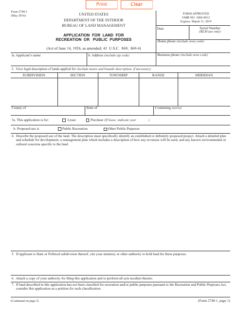 Form 2740-1 Application for Land for Recreation or Public Purposes