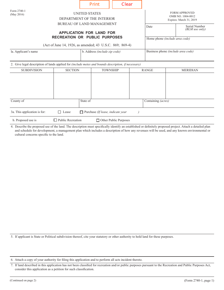 Form 2740-1 Application for Land for Recreation or Public Purposes, Page 1