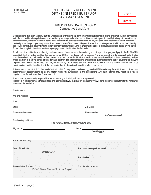 Form 2001-001 Bidder Registration Form - Competitive Land Sale