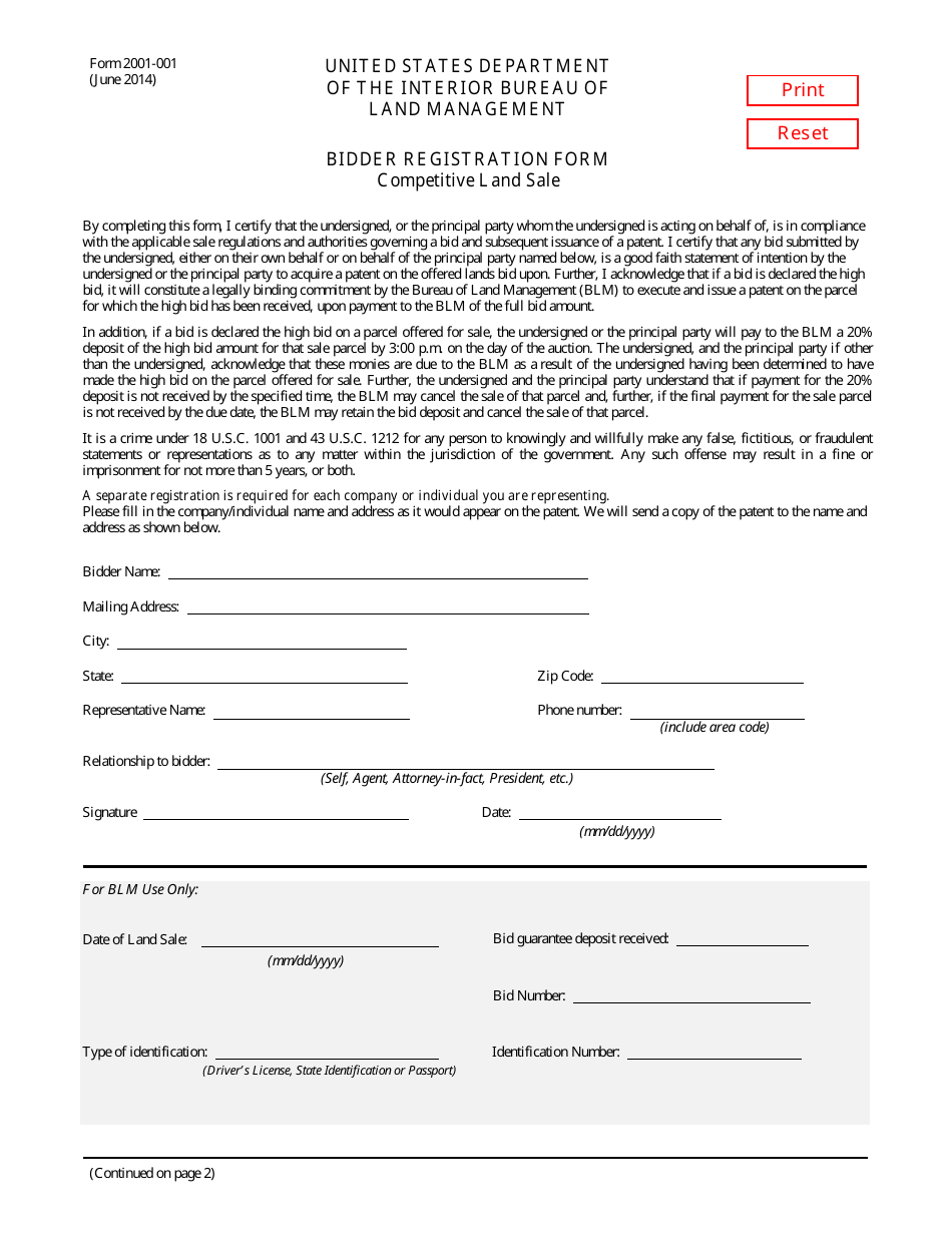 Form 2001-001 Bidder Registration Form - Competitive Land Sale, Page 1