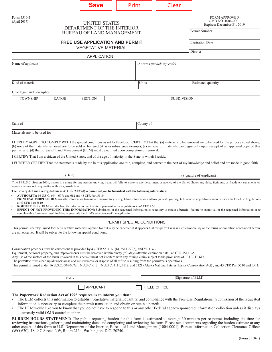 Form 5510-1 Free Use Application and Permit - Vegetation or Mineral Material, Page 1