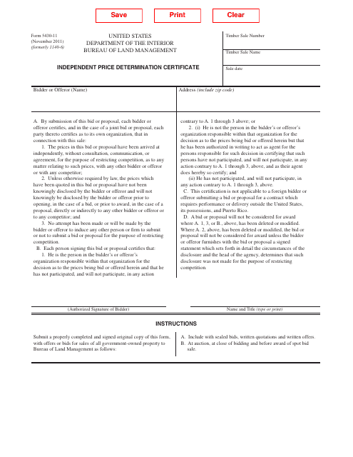 BLM Form 5430-11 Independent Price Determination Certificate