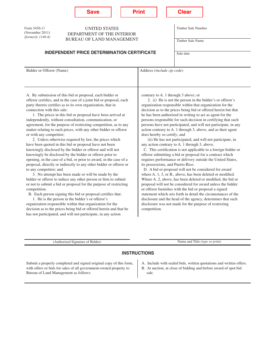 BLM Form 5430-11 Independent Price Determination Certificate, Page 1