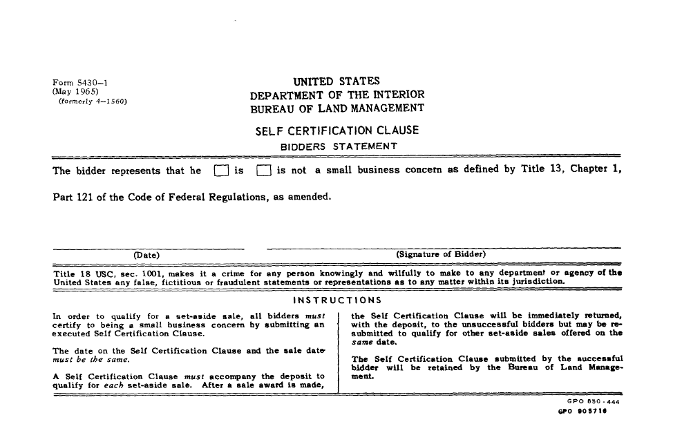 Form 5430-1 Self Certificate Clause Bidders Statement