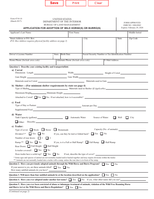 Form 4710-10 Application for Adoption of Wild Horse(S) or Burro(S)
