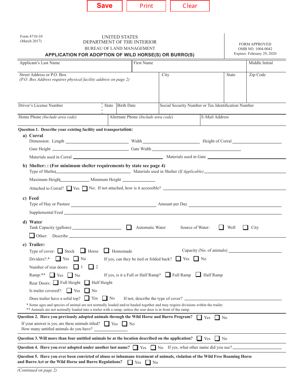 Form 4710-10 Application for Adoption of Wild Horse(S) or Burro(S), Page 1