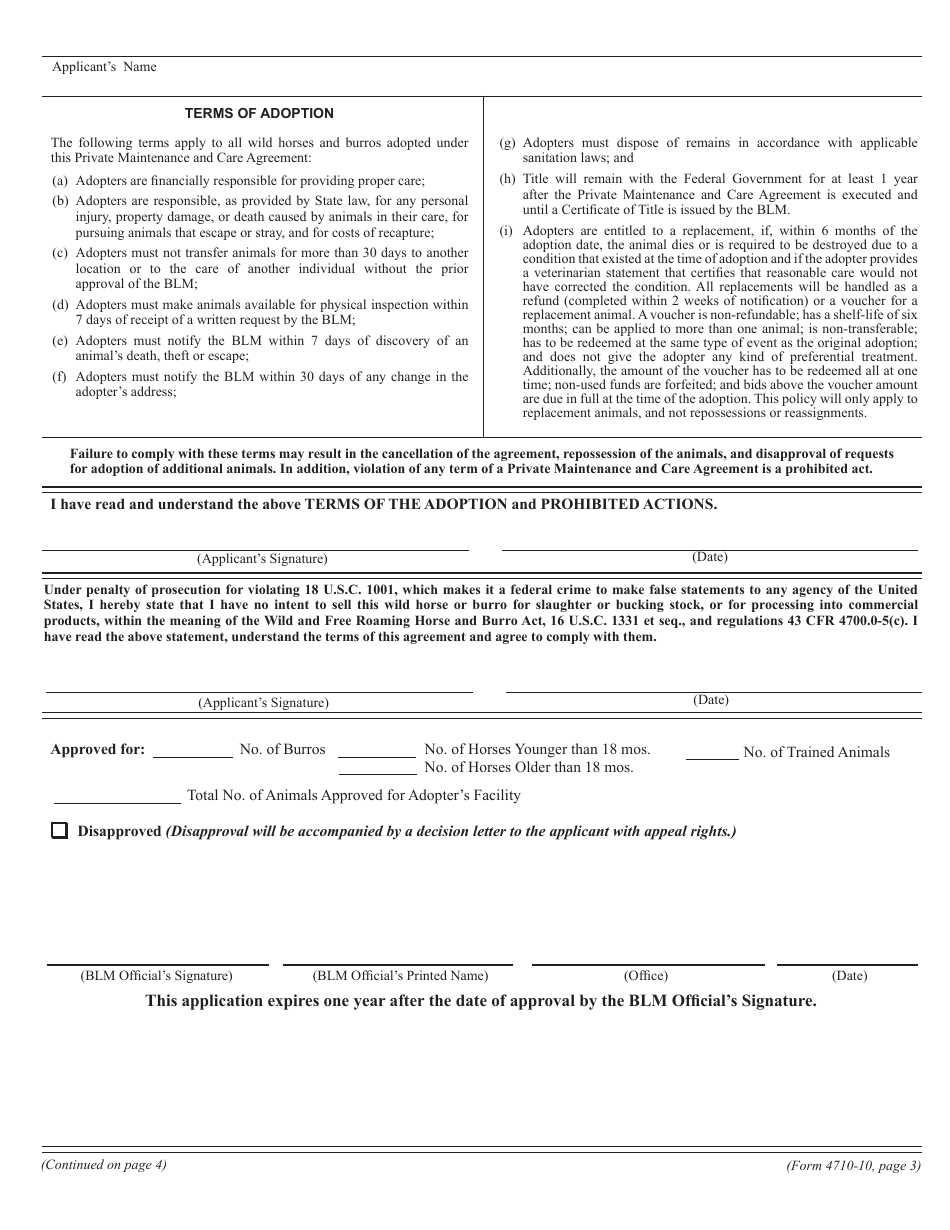 Form 4710-10 Application for Adoption of Wild Horse(S) or Burro(S), Page 3