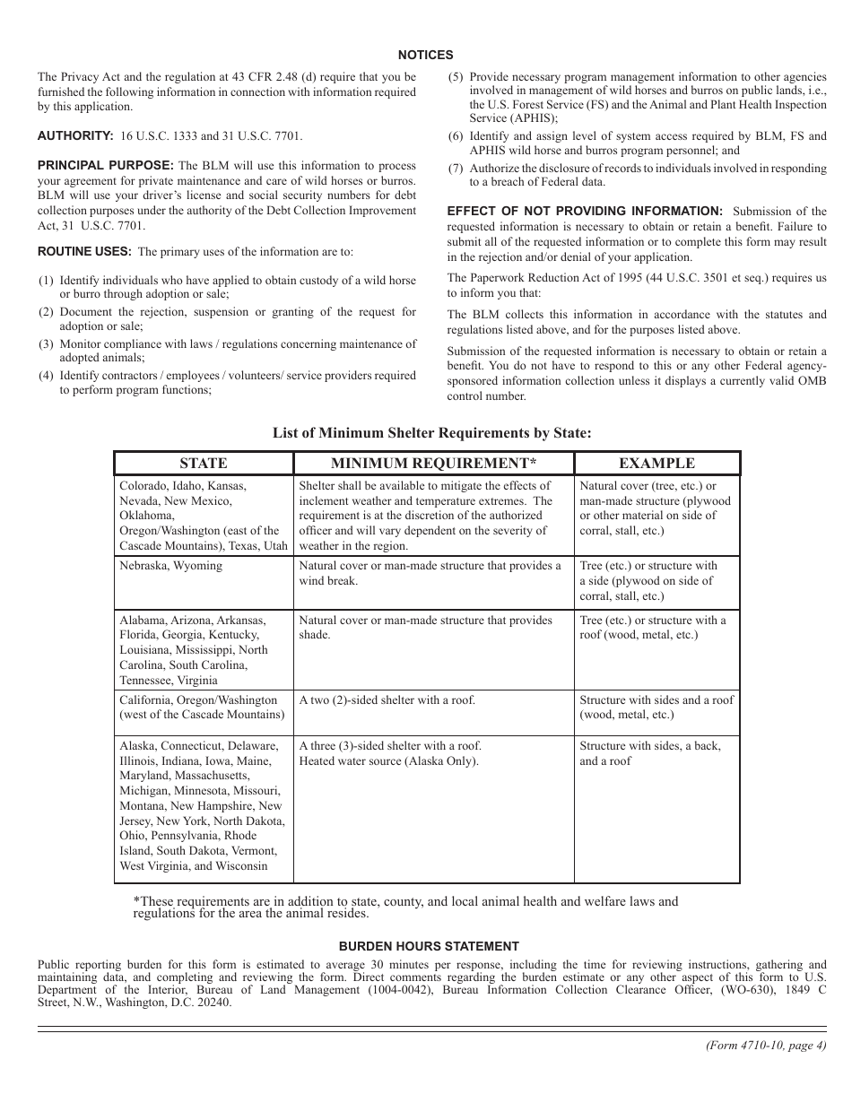 Form 4710-10 Application for Adoption of Wild Horse(S) or Burro(S), Page 4