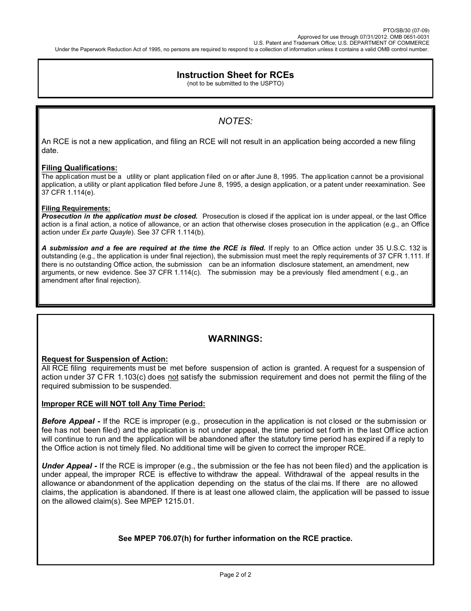 Form PTO / SB / 30 Request for Continued Examination (Rce) Transmittal, Page 2