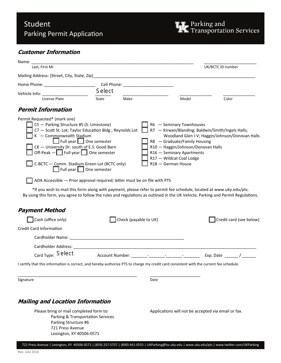 Student Parking Permit Application - University of Kentucky Parking  Transportation Services - Kentucky, Page 1