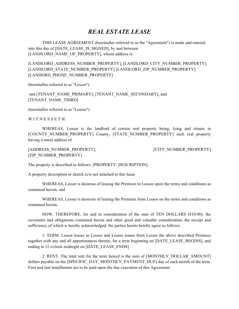 Real Estate Lease Agreement Template, Page 1