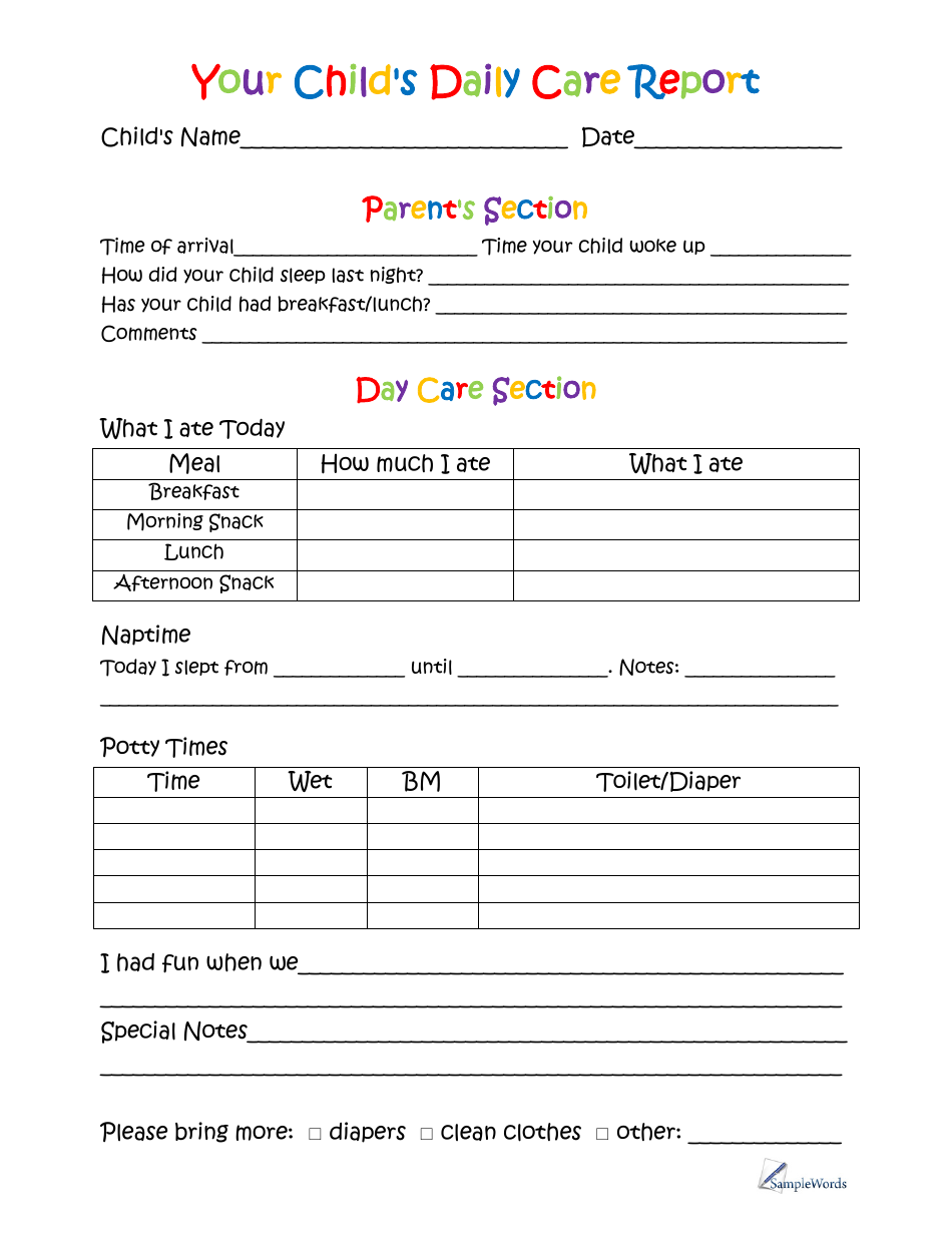 Your Childs Daily Care Report Form, Page 1
