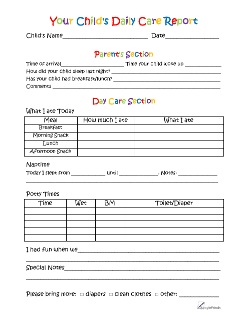 &quot;Your Child's Daily Care Report Form&quot; Download Pdf