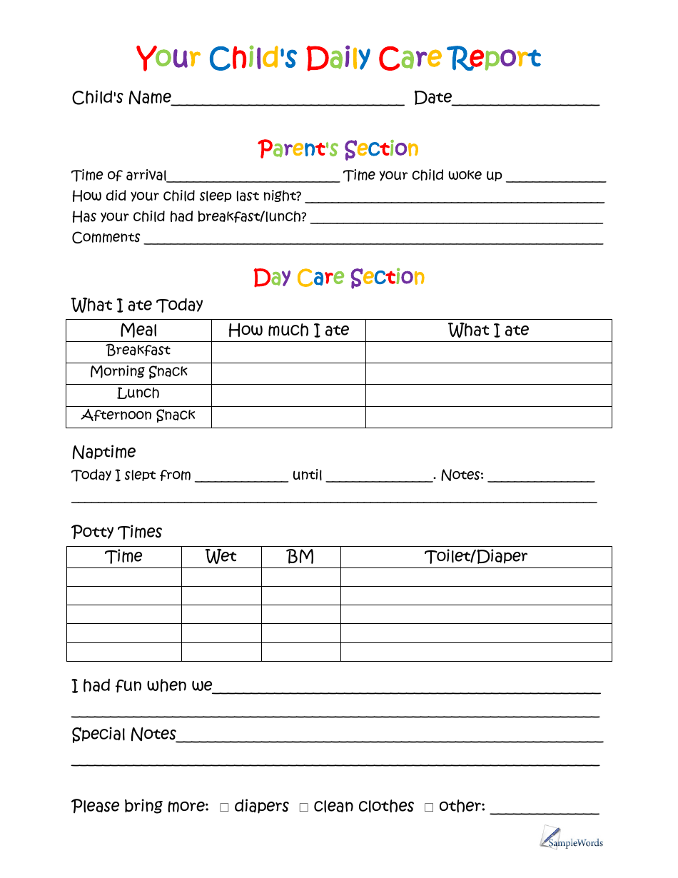 Daycare Infant Daily Report Template