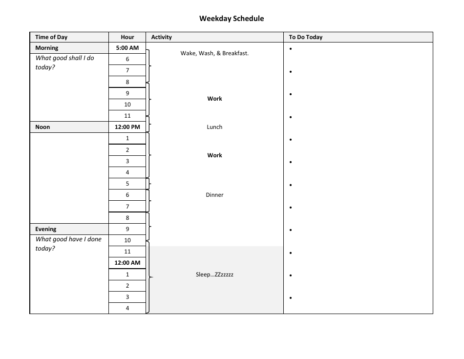 Weekday Schedule Template With Activity Outline Preview