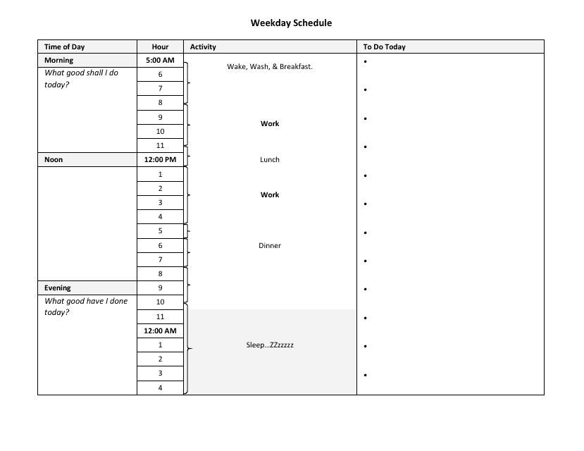 Weekday Schedule Template With Activity Outline