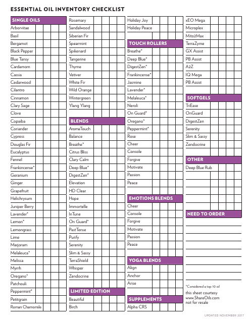 Essential Oil Inventory Checklist Template - Preview - TemplateRoller