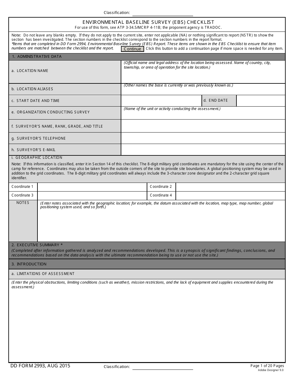 DD Form 2993 Environmental Baseline Survey (Ebs) Checklist, Page 1