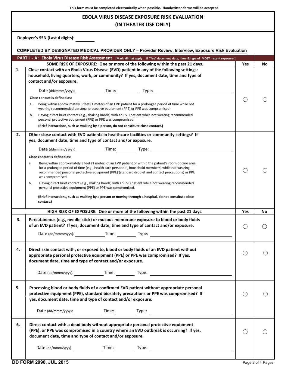 DD Form 2990 Ebola Virus Disease Exposure Risk Evaluation (In Theater Use Only), Page 2