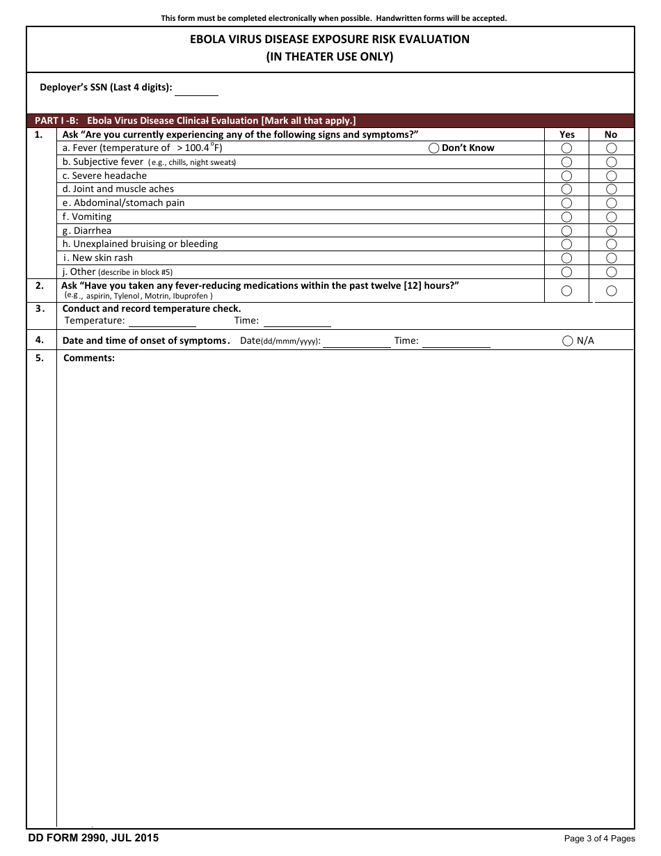DD Form 2990 Ebola Virus Disease Exposure Risk Evaluation (In Theater Use Only), Page 3