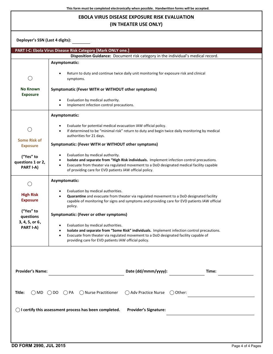 DD Form 2990 Ebola Virus Disease Exposure Risk Evaluation (In Theater Use Only), Page 4