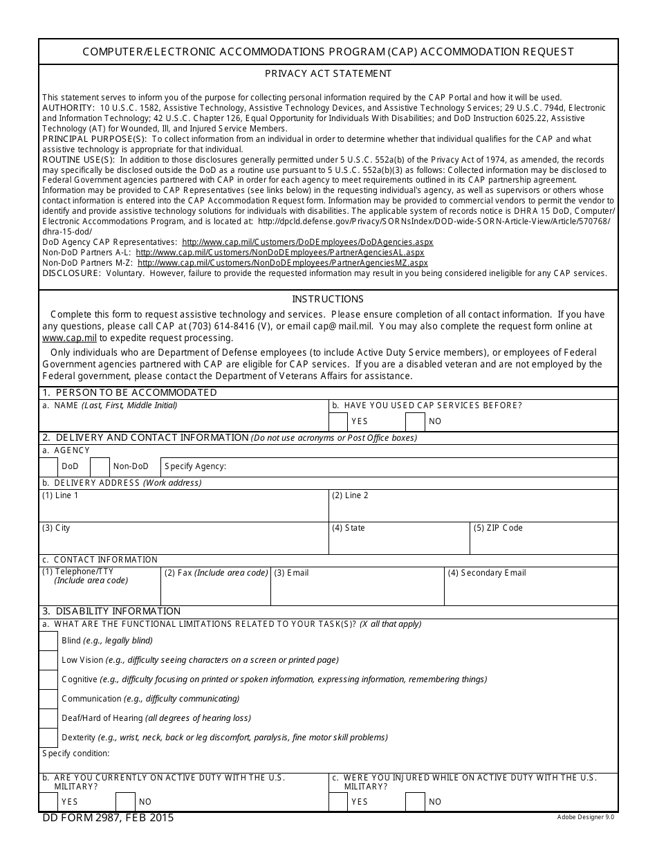 DD Form 2987 Computer / Electronic Accommodations Program (CAP) Accommodation Request, Page 1