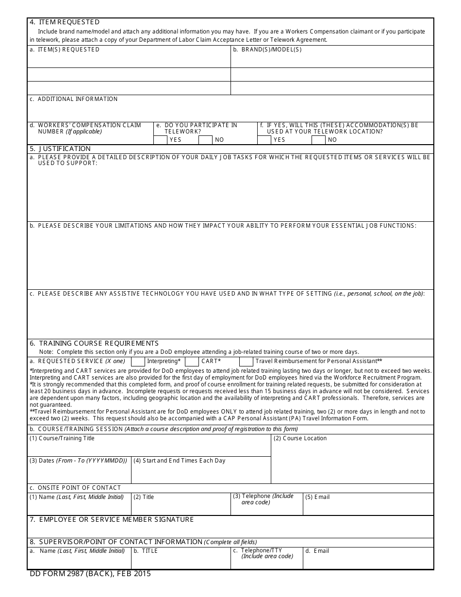 DD Form 2987 Computer / Electronic Accommodations Program (CAP) Accommodation Request, Page 2