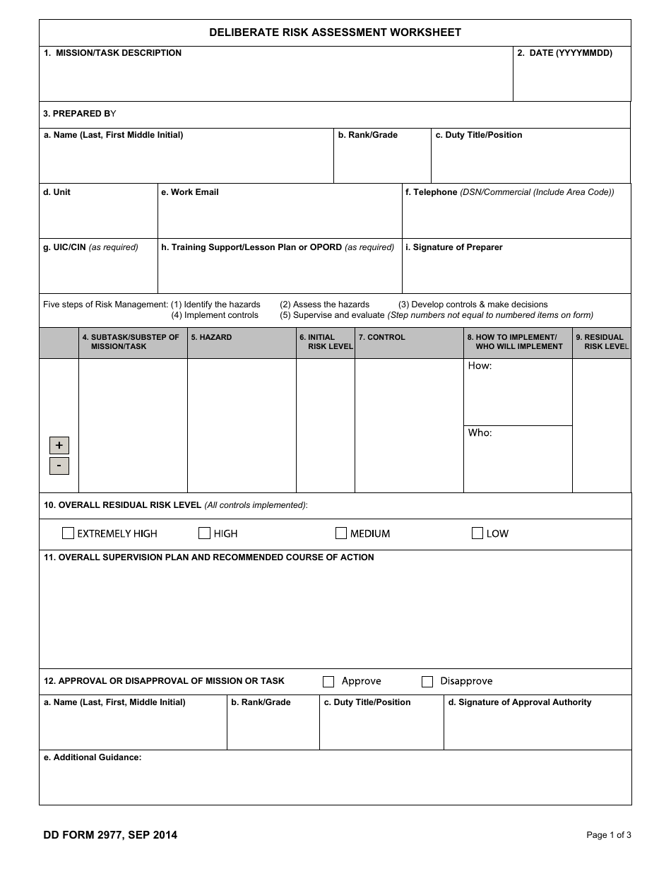 DD Form 2977 Deliberate Risk Assessment Worksheet, Page 1