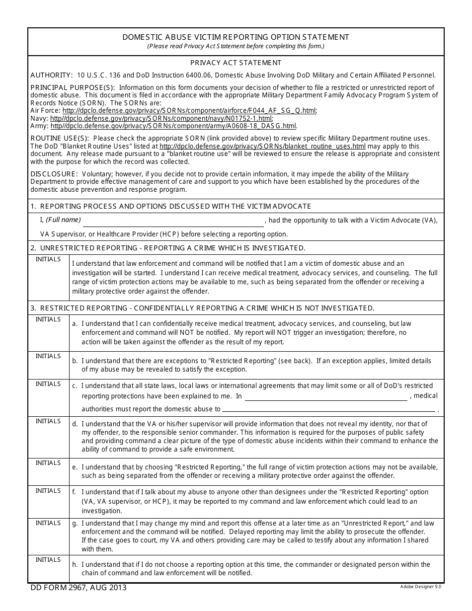 DD Form 2967 Domestic Abuse Victim Reporting Option Statement, Page 1