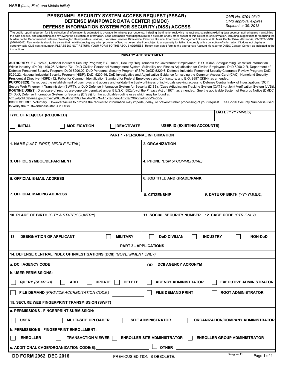 DD Form 2962 Personnel Security System Access Request (Pssar) - Defense Manpower Data Center (Dmdc) - Defense Information System for Security (Diss) Access, Page 1