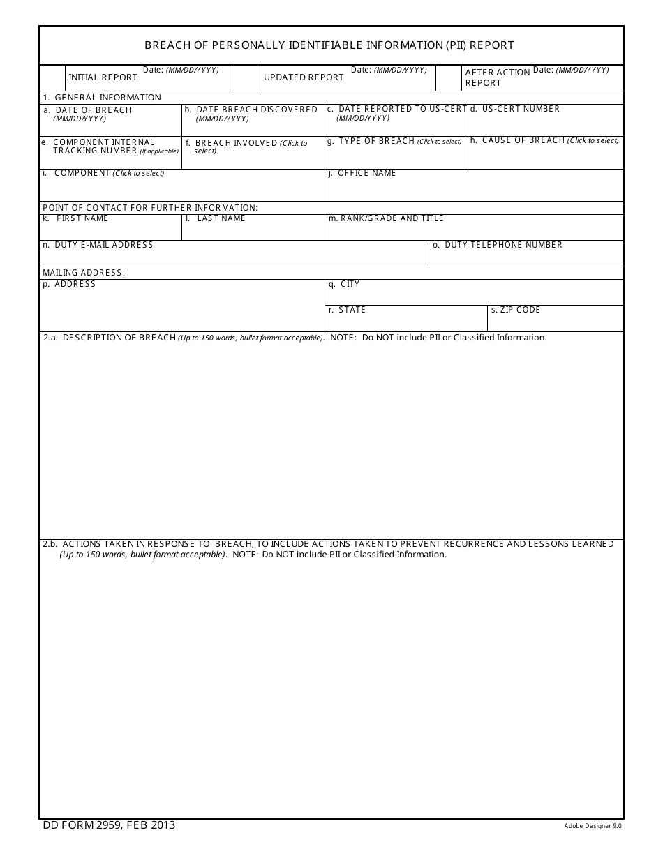 DD Form 2959 Breach of Personally Identifiable Information (Pii) Report, Page 1