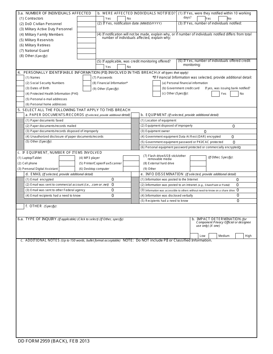 DD Form 2959 Breach of Personally Identifiable Information (Pii) Report, Page 2