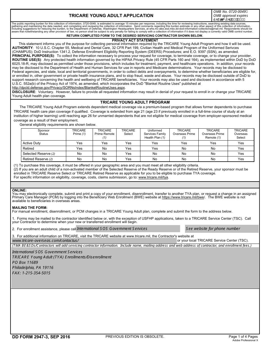 DD Form 2947-3 TRICARE Young Adult Application, Page 1