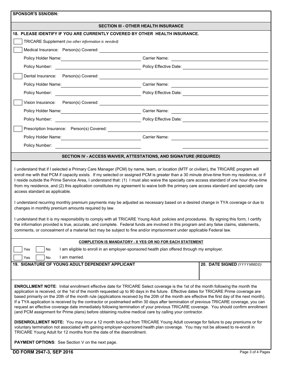 DD Form 2947-3 TRICARE Young Adult Application, Page 3