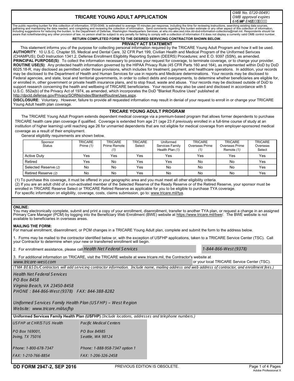 DD Form 2947-2 TRICARE Young Adult Application, Page 1