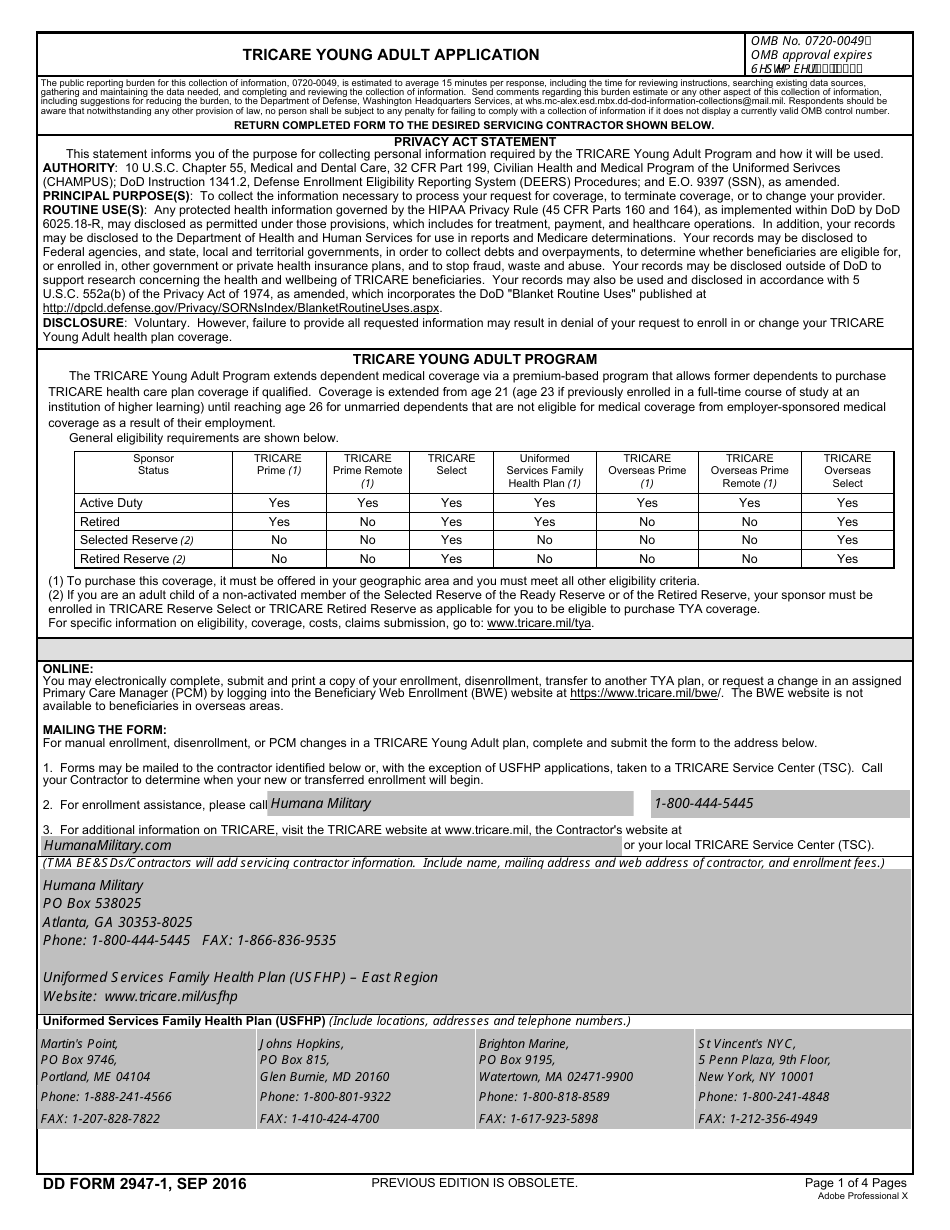 DD Form 2947-1 TRICARE Young Adult Application, Page 1
