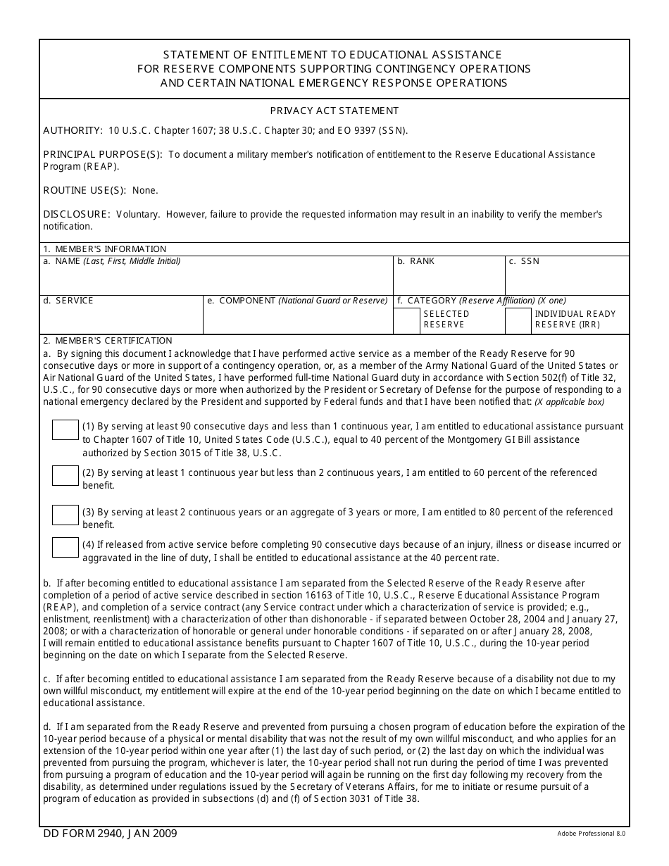 DD Form 2940 Statement of Entitlement to Educational Assistance for Reserve Components Supporting Contingency Operations and Certain National Emergency Response Operations, Page 1