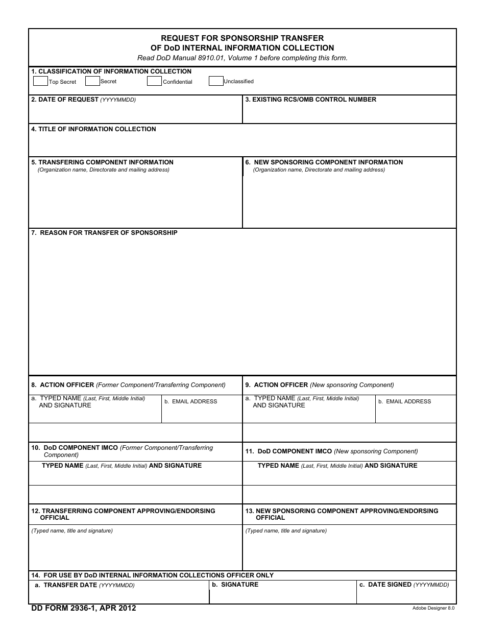 DD Form 2936-1 Request for Sponsorship Transfer of DoD Internal Information Collection, Page 1