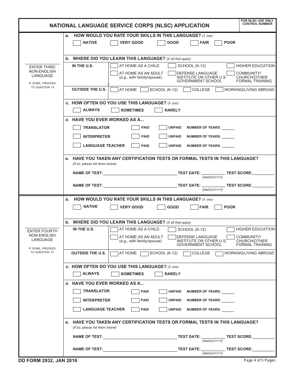 DD Form 2932 National Language Service Corps (Nlsc) Application, Page 4