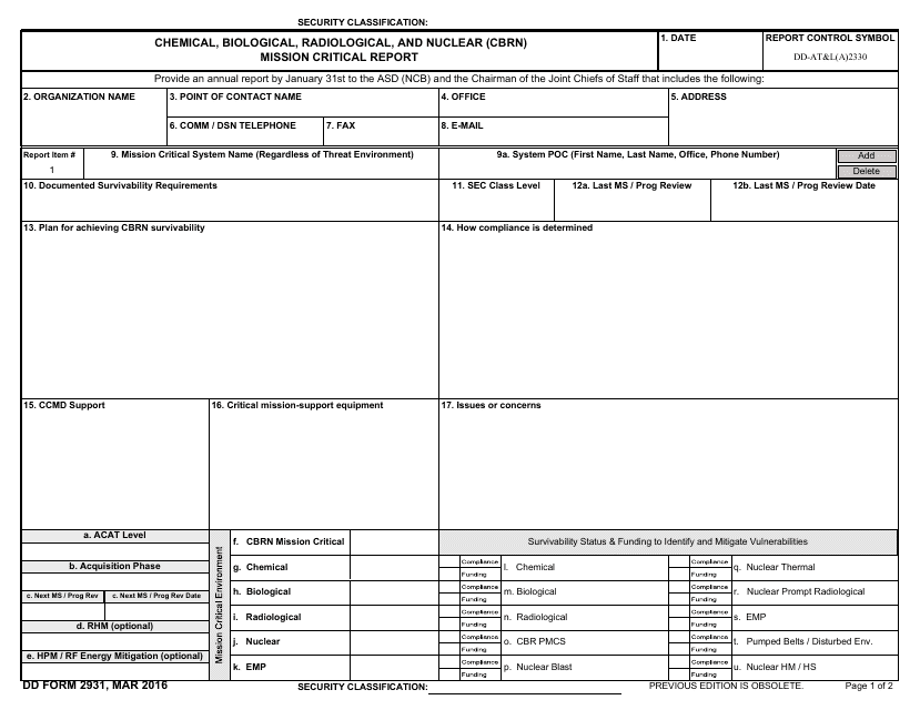 DD Form 2931 Chemical, Biological, Radiological and Nuclear (Cbrn) Mission Critical Report
