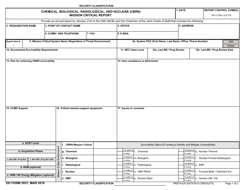 DD Form 2931 Chemical, Biological, Radiological and Nuclear (Cbrn) Mission Critical Report, Page 1