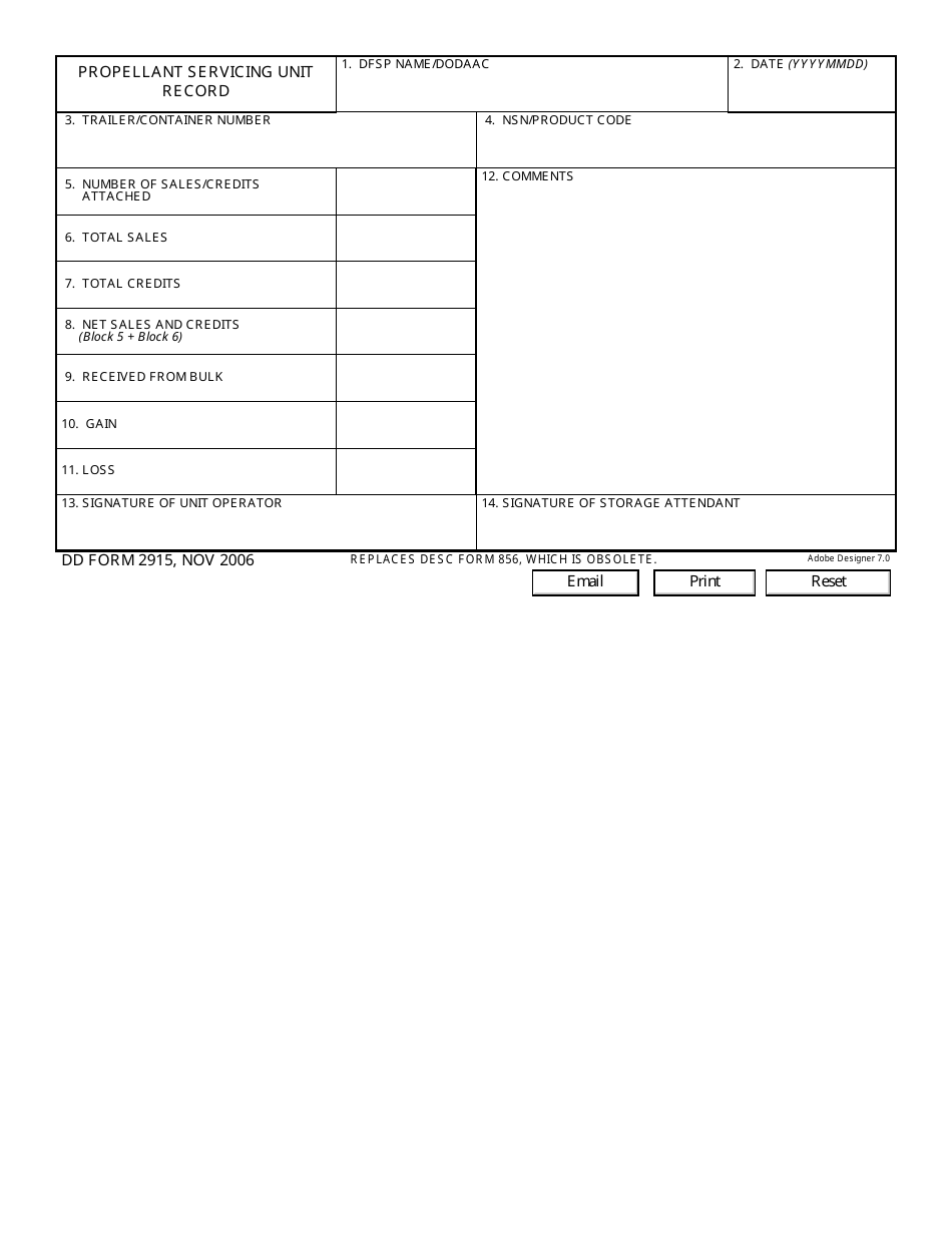 DD Form 2915 Propellant Servicing Unit Record, Page 1