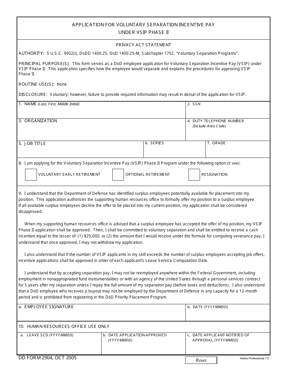 DD Form 2904 Application for Voluntary Separation Incentive Pay Under Vsip Phase Ii, Page 1