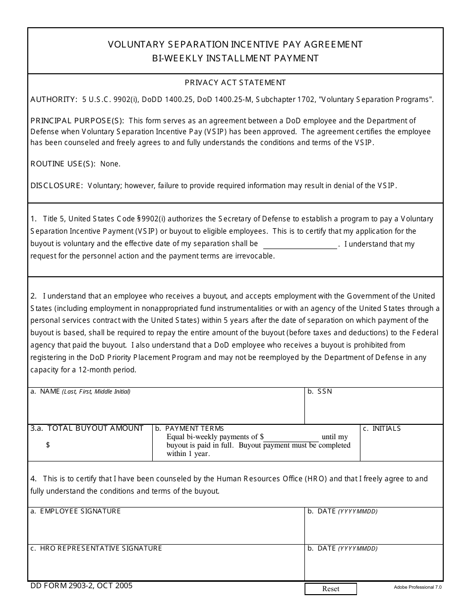 DD Form 2903-2 Voluntary Separation Incentive Pay Agreement BI-Weekly Installment Payment, Page 1