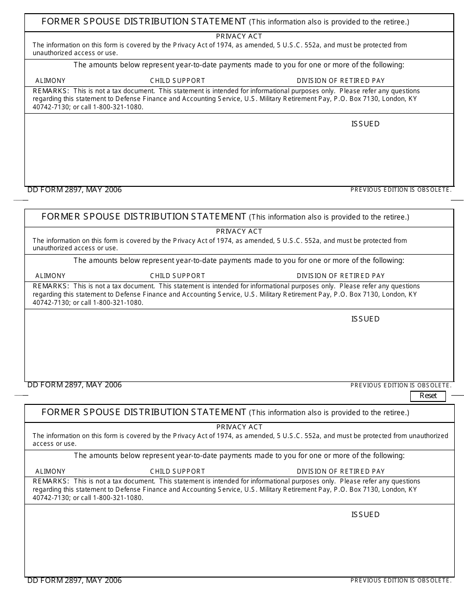 DD Form 2897 Former Spouse Distribution Statement, Page 1