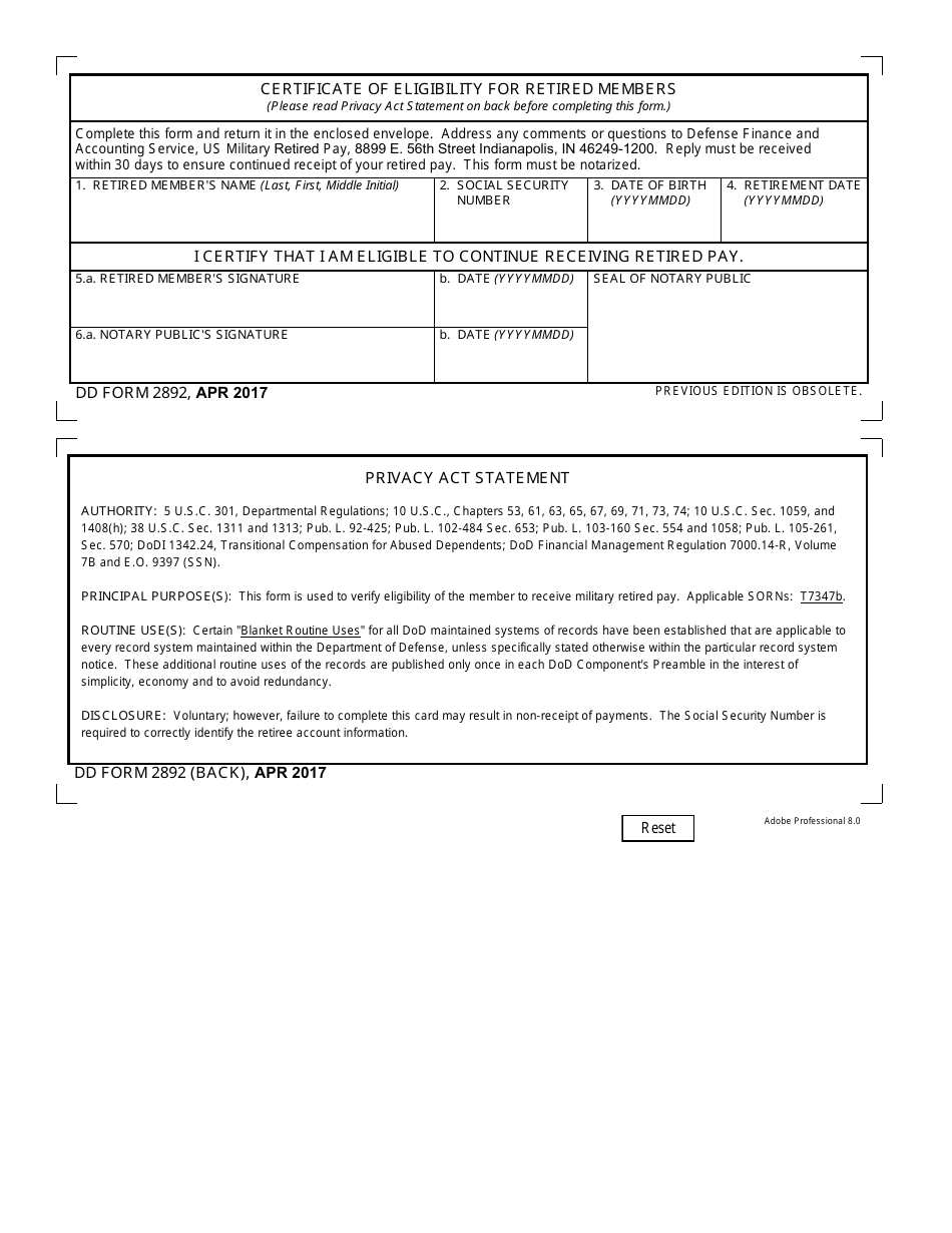 DD Form 2892 Certificate of Eligibility for Retired Members, Page 1