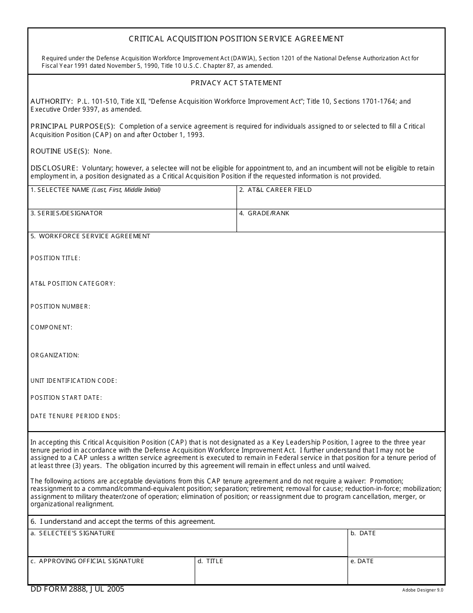 DD Form 2888 Critical Acquisition Position Service Agreement, Page 1
