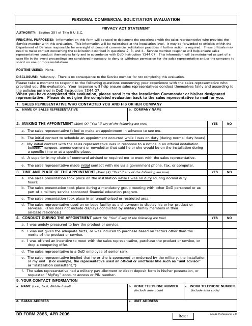 DD Form 2885 Personal Commercial Solicitation Evaluation