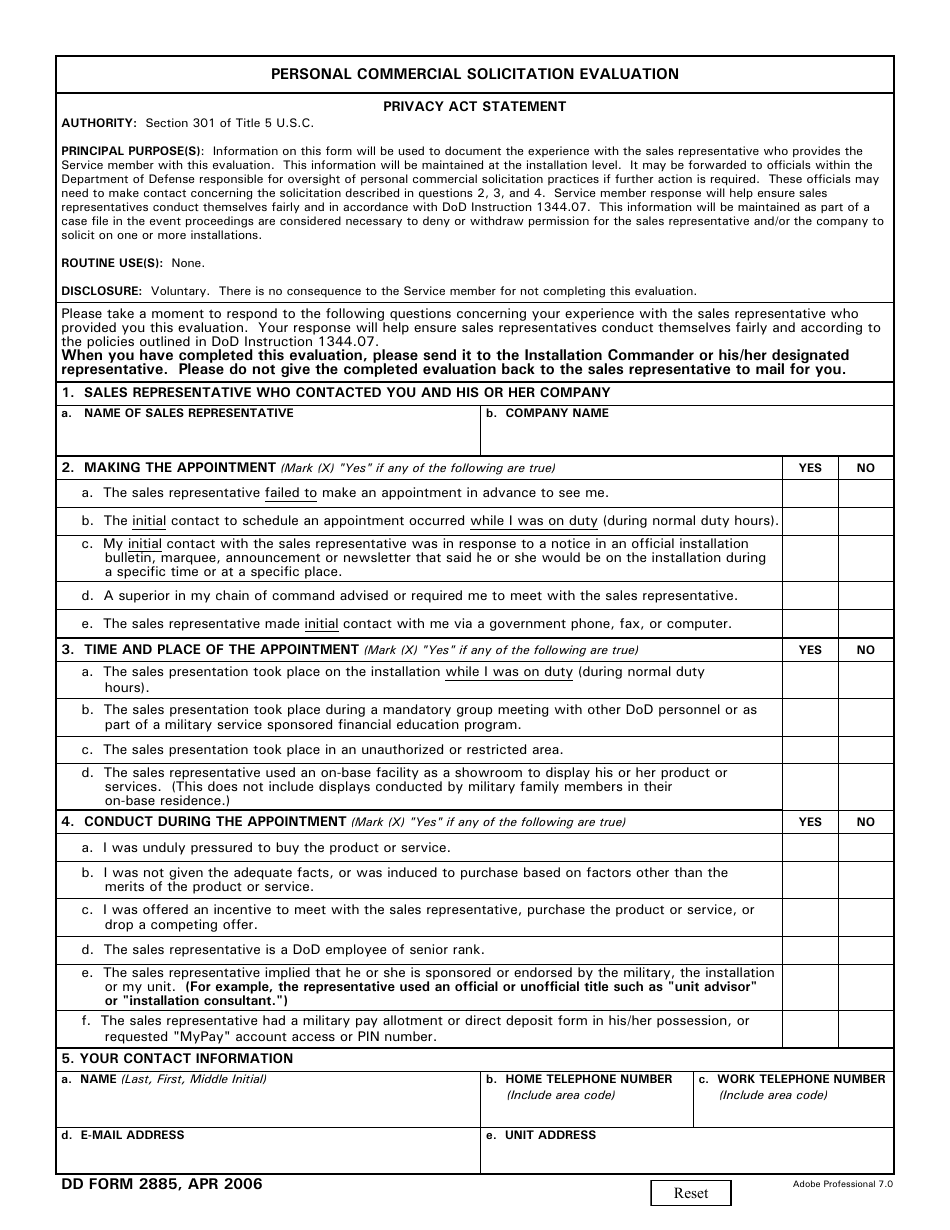 DD Form 2885 Personal Commercial Solicitation Evaluation, Page 1